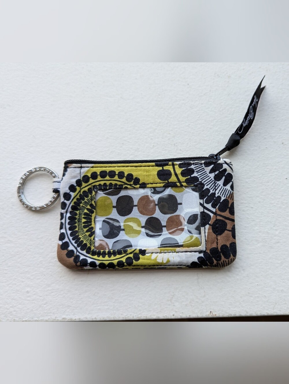 Vera Bradley Brown Olive Green Black Patterned Zip ID Case with Key Ring